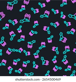Line Give gift icon isolated seamless pattern on black background. Gift in hand. The concept of giving and receiving a gift.  Vector