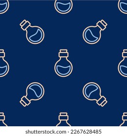 Line Glass bottle with magic elixir icon isolated seamless pattern on blue background. Computer game asset.  Vector