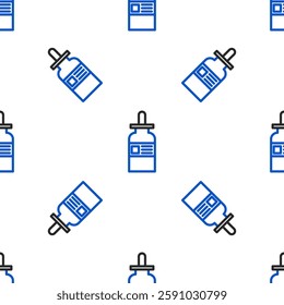 Line Glass bottle with a pipette icon isolated seamless pattern on white background. Container for medical and cosmetic product. Colorful outline concept. Vector