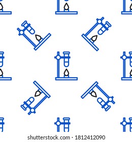 Line Glass test tube flask on fire heater experiment icon isolated seamless pattern on white background. Laboratory equipment. Colorful outline concept. Vector