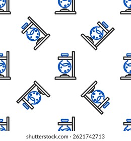 Line Glass test tube flask on fire heater experiment icon isolated seamless pattern on white background. Laboratory equipment. Colorful outline concept. Vector