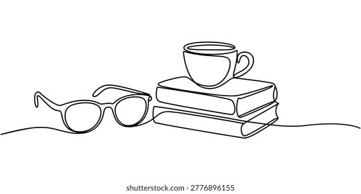 Line of glasses next to stack of books with cup on line glasses reading in white background