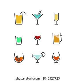 Line glasses set. Outline flat glasses and beverages icons, drink jars, beer juice wine cocktails symbols for logo. Vector illustration
