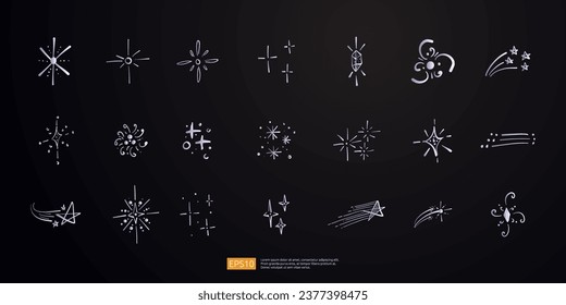 Line glitter stars silhouette doodle hand drawn vector collection set. Firework sparkle light shine icons. Decoration flash magic flicker symbol isolated on black background