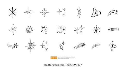 Line glitter stars silhouette doodle hand drawn vector collection set. Firework sparkle light shine icons. Decoration flash magic flicker symbol isolated on white background