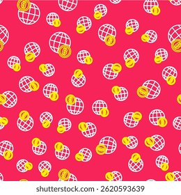 Line Globe and cryptocurrency coin Bitcoin icon isolated seamless pattern on red background. Physical bit coin. Blockchain based secure crypto currency.  Vector