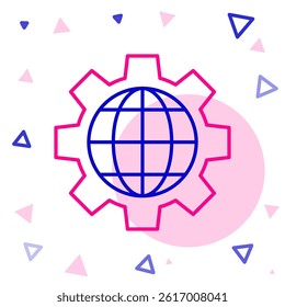 Line Globe of the Earth and gear or cog icon isolated on white background. Setting parameters. Global Options. Colorful outline concept. Vector Illustration