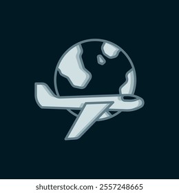 Line Globe with flying plane icon isolated on black background. Airplane fly around the planet earth. Aircraft world icon. Flat filled outline style with shadow. Vector