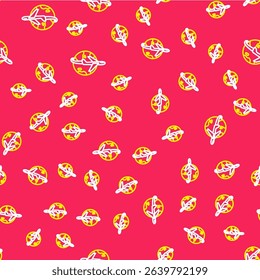 Line Globe with flying plane icon isolated seamless pattern on red background. Airplane fly around the planet earth. Aircraft world icon.  Vector
