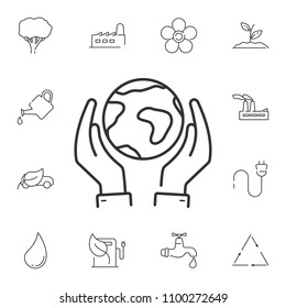 Line- Globe and hand icon. Simple element illustration. Line- Globe and hand symbol design from Ecology collection set. Can be used in web and mobile on white background