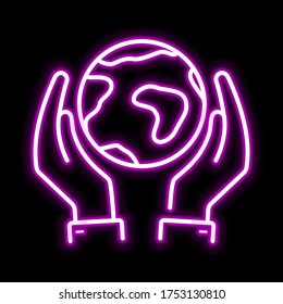 Line- Globe and hand pink glowing neon ui ux icon. Glowing sign logo vector