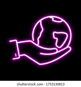 Line- Globe und Hand rosa leuchtendes Neon ui ux Symbol. Logo-Vektorgrafik mit glänzendem Zeichen