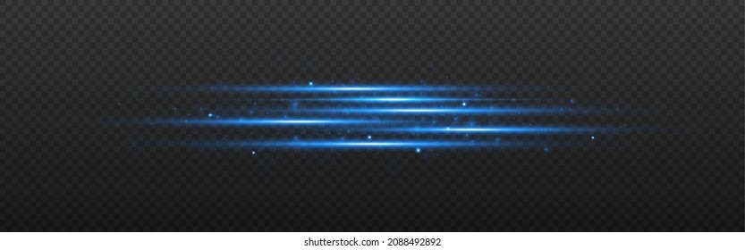 Efecto de resplandor de línea. Composición de luces azules con brillo. Líneas horizontales neón con bengalas. Vigas láser abstractas. Plantilla de cadenas de color futurista. Ilustración vectorial.