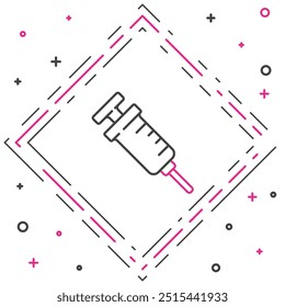 Linha ícone de seringa OGM isolado no fundo branco. Acrônimo de organismo geneticamente modificado. Modificação de DNA alimentar. Conceito de contorno colorido. Vetor