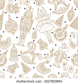 Line gold Christmas vector seamless Nutcracker pattern.  Seamless pattern can be used for wallpaper, pattern fills, web page background, surface textures.