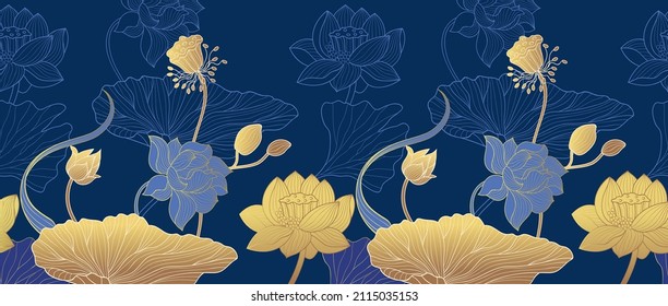 Line gold floral background. Art ornate plants, golden exotic asian flowers seamless pattern. Luxury leaf and lotus, blue oriental stylish nowaday vector banner