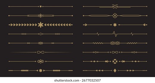 Line gold text dividers. Set of simple geometric borders. Elegant collection for menu, greeting card, diploma designs. Vector illustration isolated on a black background in flat linear style