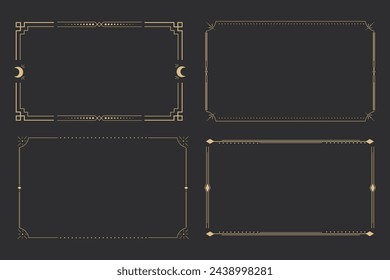 Marco dorado de la línea, borde esotérico mínimo celestial, decoración lineal mística con puntos, esquinas aisladas sobre fondo oscuro. Forma geométrica, tarot 