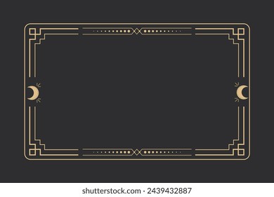 Line golden frame, celestiam minimal esoteric border, mystyc linear decoration with dots, corners isolated on dark background. Geometric shape, tarrot 