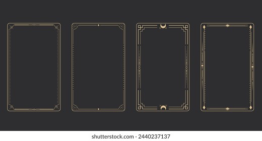 Marco dorado de la línea, borde esotérico mínimo celestial, decoración lineal mística con puntos, esquinas aisladas sobre fondo oscuro. Forma geométrica, tarot 