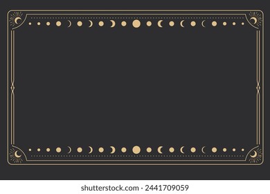 Line golden frame, celestiam minimal esoteric border, mystyc linear decoration with dots, corners isolated on dark background. Geometric shape, tarrot 