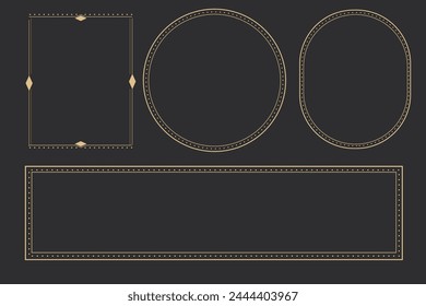 Marco dorado de la línea, borde esotérico mínimo celestial, decoración lineal mística con puntos, esquinas aisladas sobre fondo oscuro. Forma geométrica, tarot 