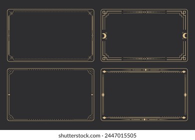 Linie goldener Rahmen, celestiam minimale esoterische Grenze, mystische lineare Dekoration mit Punkten, Ecken isoliert auf dunklem Hintergrund. Geometrische Form, Tarrot 