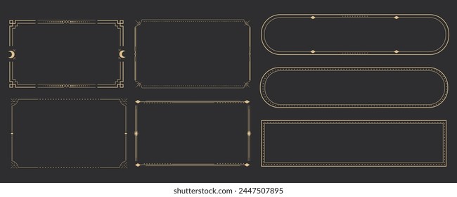 Marco dorado de la línea, borde esotérico mínimo celestial, decoración lineal mística con puntos, esquinas aisladas sobre fondo oscuro. Forma geométrica, tarot 