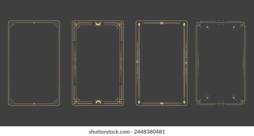 Linie goldener Rahmen, celestiam minimale esoterische Grenze, mystische lineare Dekoration mit Punkten, Ecken isoliert auf dunklem Hintergrund. Geometrische Form, Tarrot 