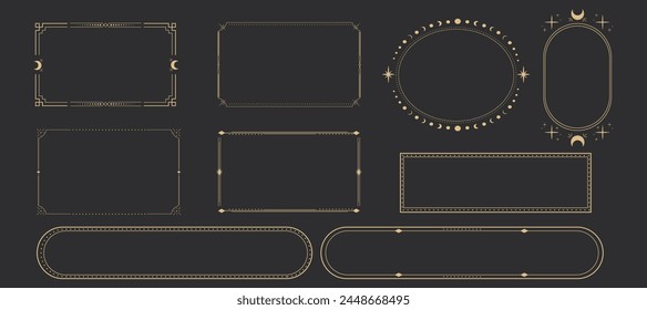 Line golden frame, celestiam minimal esoteric border, mystyc linear decoration with dots, corners isolated on dark background. Geometric shape, tarrot 