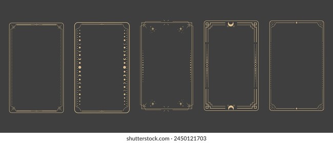 Line golden frame, celestiam minimal esoteric border, mystyc linear decoration with dots, corners isolated on dark background. Geometric shape, tarrot 