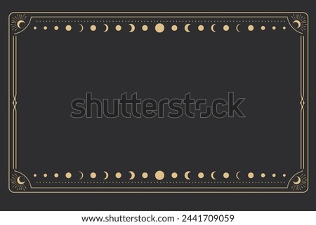 Line golden frame, celestiam minimal esoteric border, mystyc linear decoration with dots, corners isolated on dark background. Geometric shape, tarrot 