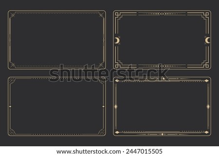 Line golden frame, celestiam minimal esoteric border, mystyc linear decoration with dots, corners isolated on dark background. Geometric shape, tarrot 