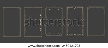 Line golden frame, celestiam minimal esoteric border, mystyc linear decoration with dots, corners isolated on dark background. Geometric shape, tarrot 