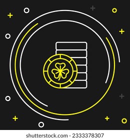 Line Golden leprechaun coin with clover trefoil leaf icon isolated on black background. Happy Saint Patricks day. National Irish holiday. Colorful outline concept. Vector