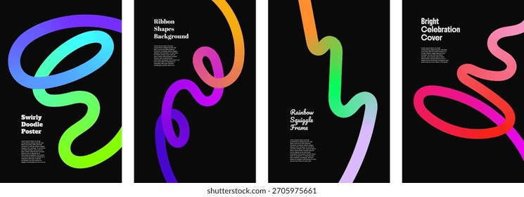 Line gradient curve ribbon background squiggle wave poster rainbow color blend into a playful abstract shape. Fluid spiral energy forms a modern vector pattern ideal for kid friendly neon banners.