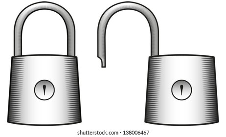 Line and gradient drawing of 2 locks - locked and open. Vector illustration. Isolated object. Can be used as icons.