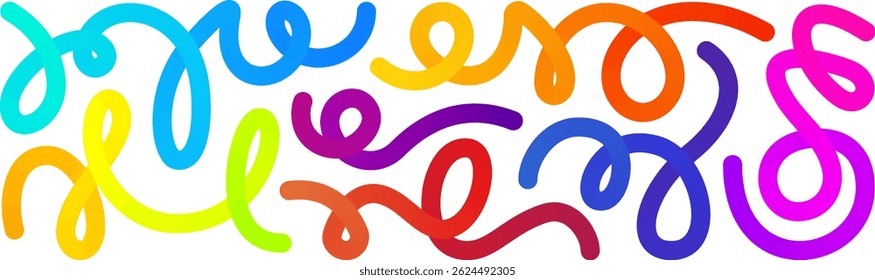 Line gradient shapes, abstract color object kid pattern. 3d confetti graphic element. Curve happy birthday fluid wave design. Vector liquid swirl path, dynamic spiral squiggle. Fun child trendy ribbon