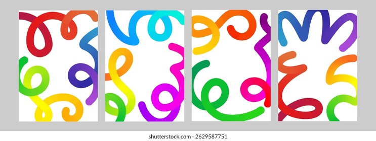 Line gradient shapes, abstract color object kid pattern. 3d confetti graphic element. Curve happy birthday fluid wave design. Vector liquid swirl path, dynamic spiral squiggle. Fun child trendy ribbon