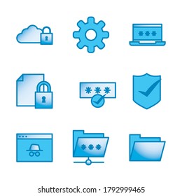 line and gradient style icon set design, Data center base security system hardware technology protection and archive Vector illustration