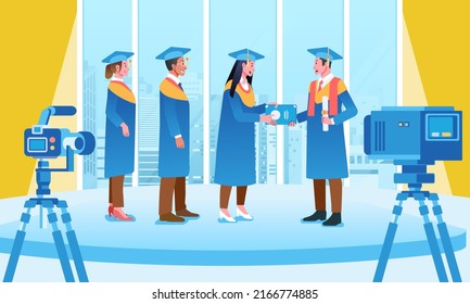 Line of graduates received a diploma by the chancellor at the time of graduation in the building with camera recording. flat illustration, monochrome color