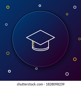 Line Graduation cap icon isolated on blue background. Graduation hat with tassel icon. Colorful outline concept. Vector
