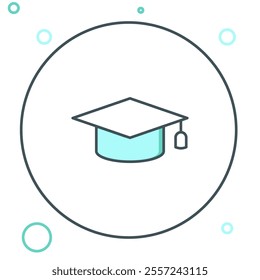 Line Graduation cap icon isolated on white background. Graduation hat with tassel icon. Colorful outline concept. Vector