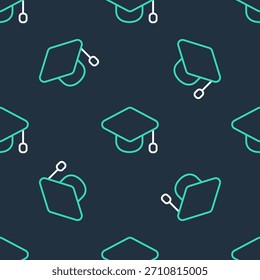 Line Graduation cap icon isolated seamless pattern on black background. Graduation hat with tassel icon.  Vector