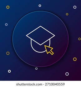 Linha Graduação cap no ícone do globo isolado no fundo azul. Símbolo da educação mundial. Conceito de aprendizagem online ou e-learning. Conceito de contorno colorido. Vetor