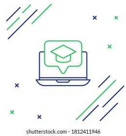 Line Graduation cap on screen laptop icon isolated on white background. Online learning or e-learning concept. Colorful outline concept. Vector