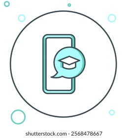 Line Graduation cap on screen smartphone icon isolated on white background. Online learning or e-learning concept. Colorful outline concept. Vector