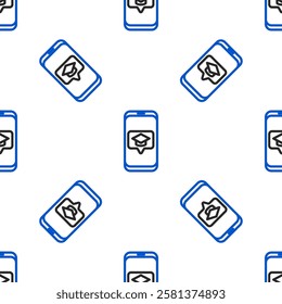 Line Graduation cap on screen smartphone icon isolated seamless pattern on white background. Online learning or e-learning concept. Colorful outline concept. Vector