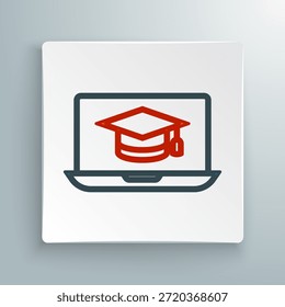 Line Graduation cap on screen laptop icon isolated on white background. Online learning or e-learning concept. Colorful outline concept. Vector