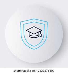 Line Graduation cap with shield icon isolated on white background. Insurance concept. Security, safety, protection, protect concept. Colorful outline concept. Vector